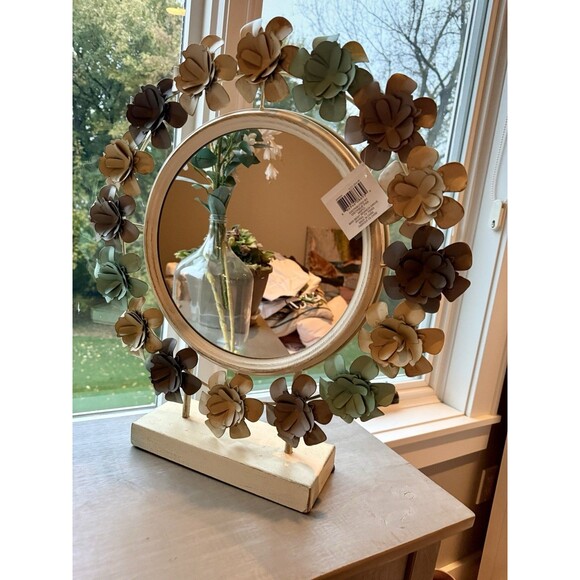 NEW Vintage Boho Metal Flower Rustic Tabletop Mirror Floral Pastels 19.5" - Picture 2 of 5